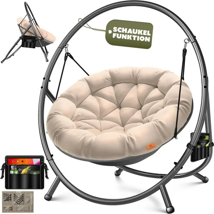 KESSER® Hängesessel mit Gestell BALI Hängeschaukel Hängestuhl bis 150kg für Indoor und Outdoor + Kissen & Seitentasche Hängekorb Stahlgestell & Schaumstoff Sitzpolster ideal für Wohnzimmer & Garten Beige
