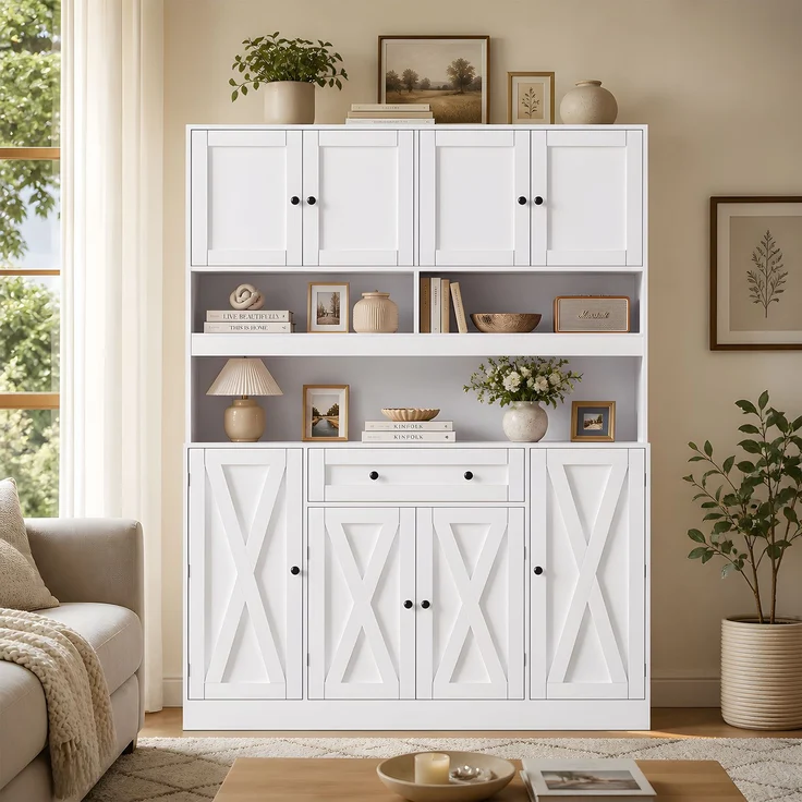 Küchenbuffet 140x40x185 cm, cremeweiß, mit Arbeitsplatte, Stromanschluss und verstellbaren Böden – Bild 2