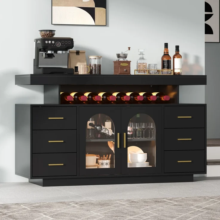 Weinschrank 140 x 40 x 82 cm aus MDF mit 6 Schubladen, Bogenglastüren und RGB-LED-Beleuchtung – Bild 4