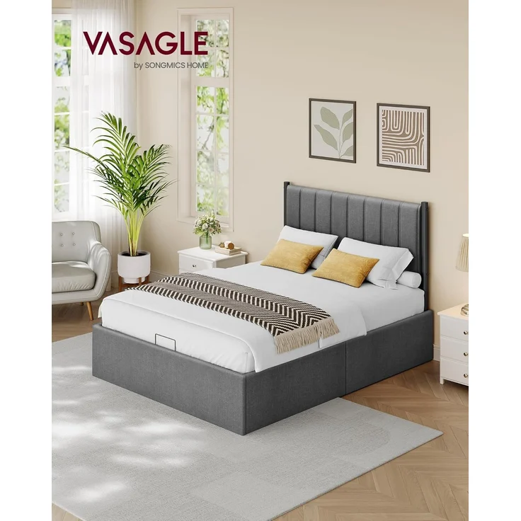 VASAGLE Bettgestell, Bettrahmen, Bett, 140 x 200 cm, klappbar Lattenrost, Unterbettaufbewahrung, Kopfteil, Hydrauliksystem, modern, einfache Montage, dunkelgrau – Bild 3