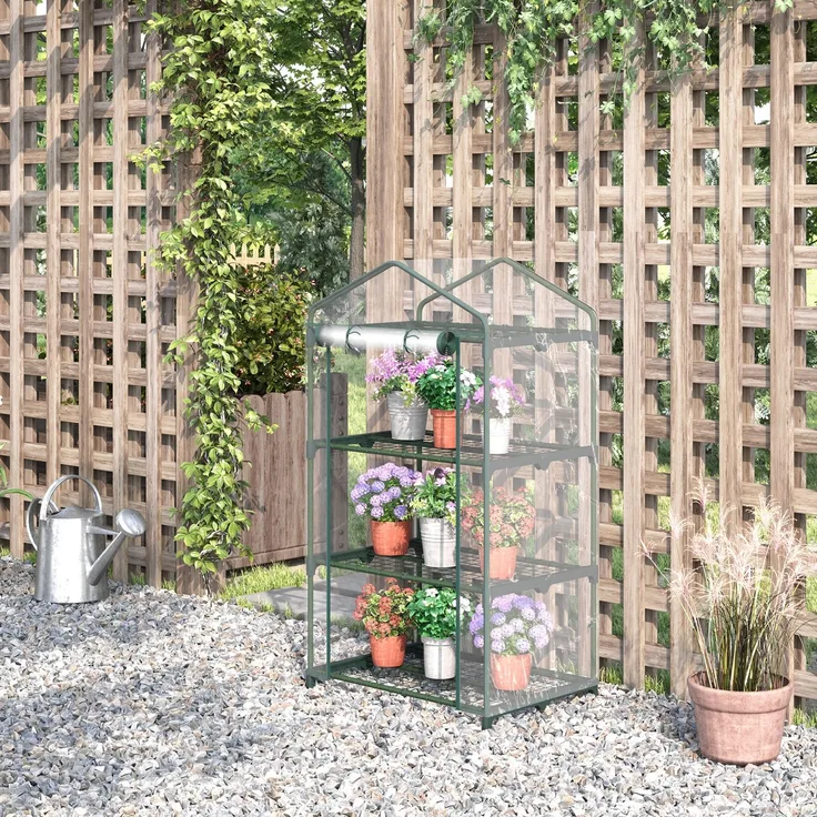 Wohnora-Gartengewächshaus mit 3 Regalböden, Balkongewächshaus, verstärkter PVC-Plane, Stahlrahmen, aufrollbarer Reißverschlusstür, für Gemüse, Pflanzen und Blumen, 69 x 49 x 125 cm, transparent,H 1250cm x T 730cm x B 490cm,Grün