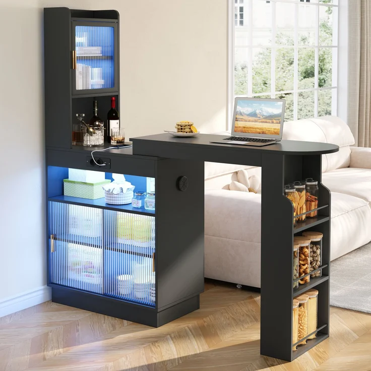 ZUBALIYA Küchenschrank mit Glastüren / Barschrank & Sideboard, mit ausziehbarer Bartisch & Stehtisch mit Stauraum und steckdose, Schwarz, 131–170 x 40 x 170 cm, fürs Büro, mit LED, Samt – Bild 1