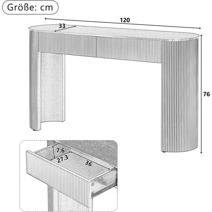 BlingBin Konsolentisch Schmaler Beistelltisch Flurtisch (1-St, mit 2 Schubladen, geschwungener Front und verstellbaren Fußpolstern), 120×33×76 cm, für Diele, Flur, Wohnzimmer – Bild 2