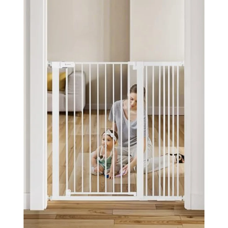 COMOMY 107 cm Extra Hoch Türschutzgitter, 75-110 cm Breit Treppenschutzgitter ohne Bohren, Türgitter für Baby, Kinder, Hund und Katze, Metall, Automatisches Schließen, 90°Stop (Weiß) – Bild 2