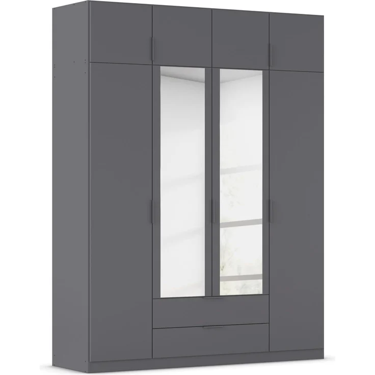 Rauch Möbel Lagoa, Kleiderschrank, Garderobe für Schlafzimmer, Kinderzimmer, Jugendzimmer 8-türig, mit Spiegel, 2 Schubladen, Farbe Grau metallic, Schwarz, Breite 181
