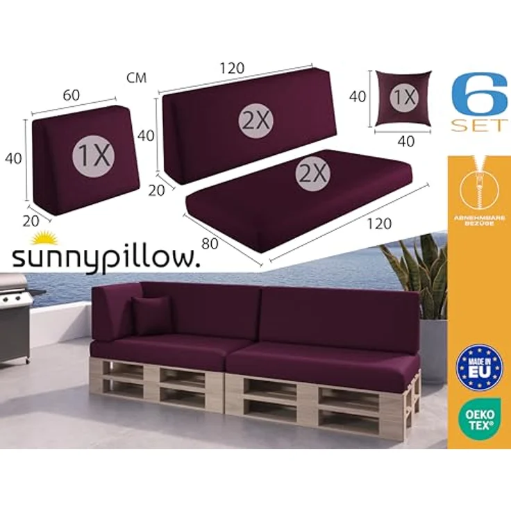 sunnypillow Palettenkissen mit abnehmbarem Bezug Kaltschaum Palettenauflage Palettenpolster Palettensofa Sitzkissen Rückenlehne Indoor Outdoor 6er Set 120x80 Violett – Bild 3