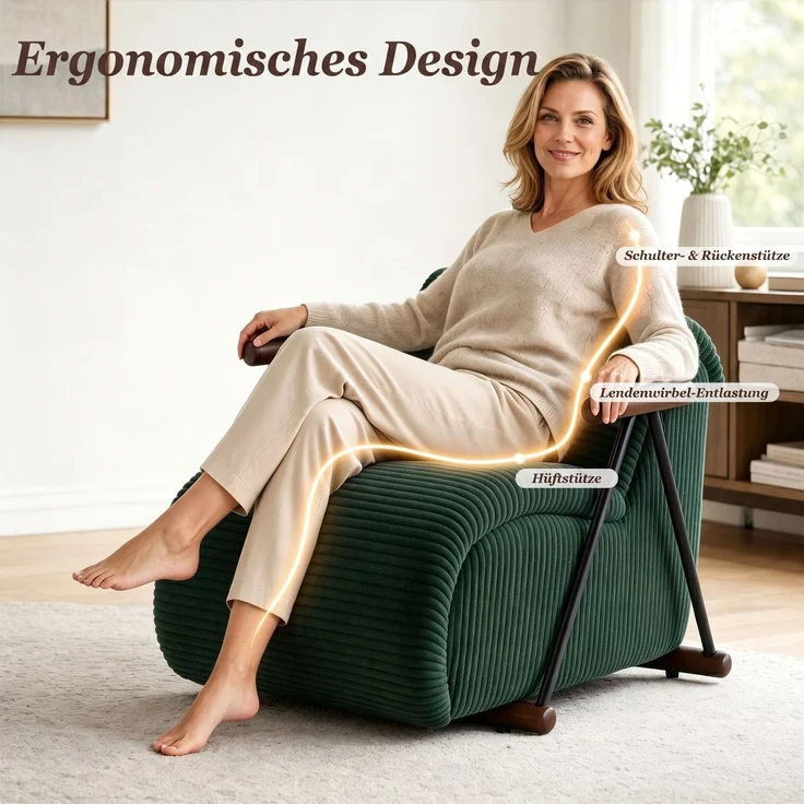 LVHOM Relaxsessel mit Lattenrost, ergonomischer Fernsehsessel, gepolsterter Loungesessel mit Armlehnen, XXL Lesesessel für Wohn- und Schlafzimmer, Cord Grün – Bild 3