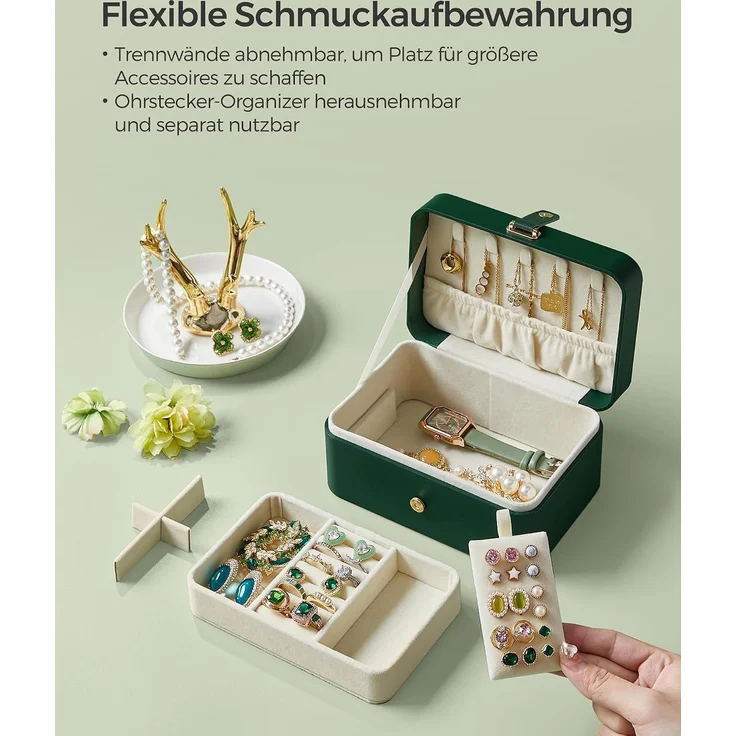 SONGMICS Schmuckbox, 2 Ebenen, aus PU, Schmuckkasten, waldgrün – Bild 5