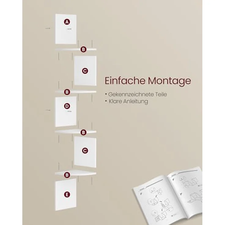 VASAGLE Set mit 2 Eck-Bücherregalen, Eckregalen, Wandregale mit 4 Ebenen, im Schlafzimmer, Wohnzimmer, Bad, Arbeitszimmer, Pflanzenregal, Wolkenweiß LBC704WB01 – Bild 5