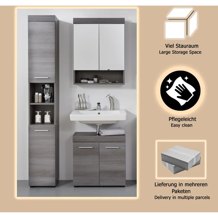 Badset 3-tlg. 'Runner' mit Hochschrank, Unterschrank & Spiegelschrank, Sardegna Rauchsilber, ohne Waschbecken – Bild 14