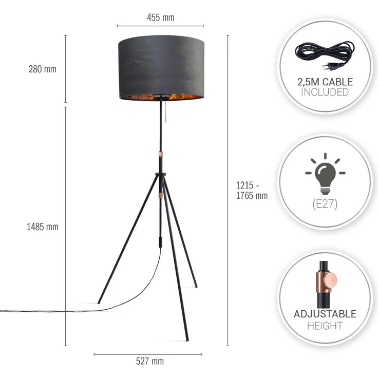 Paco Home Stehlampe Naomi uni Color, ohne Leuchtmittel, Wohnzimmer Höhenverstellbar 121,5 bis 176,5 cm Zugschalter Velour – Bild 2