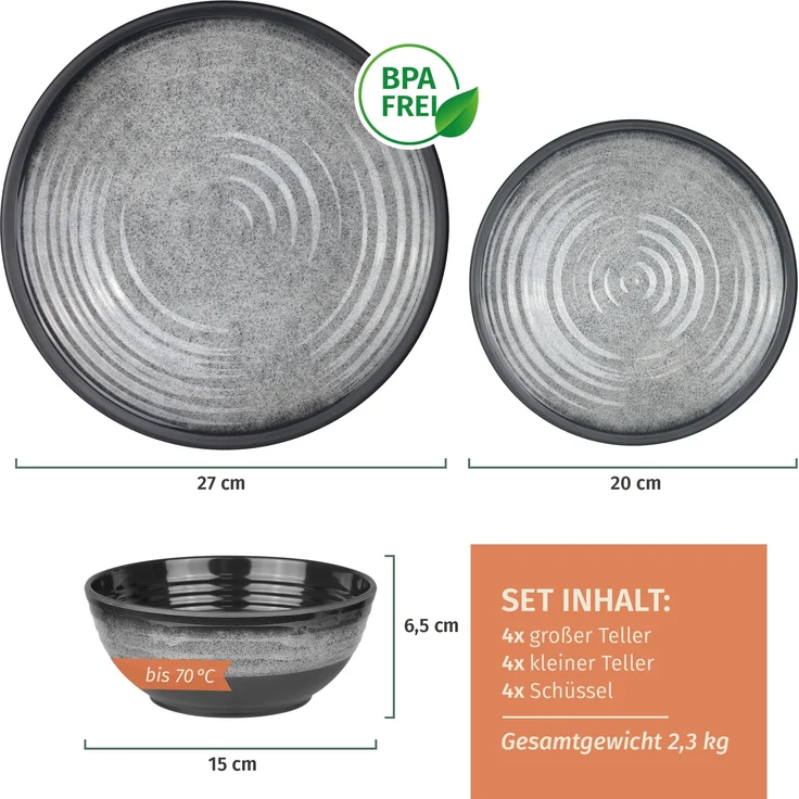 Moritz Camping Tafelgeschirr aus Melamin für 4 Personen 12-teilig | spülmaschinenfest | Picknick Geschirrset | Geschirr Campinggeschirr I Stone Grey Design – Bild 2