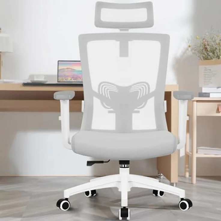Daccormax Bürostuhl Ergonomisch, mit verstellbarer Kopfstütze, Lendenwirbelstütze & Wippfunktion, Mesh grau, 70 x 70 x 128 cm – Bild 3