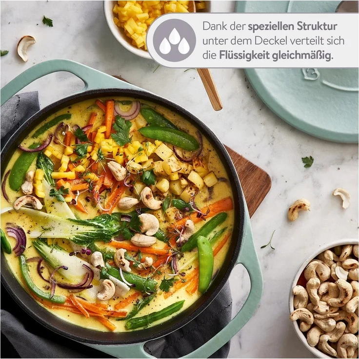 Springlane Bräter Cocotte Mint mit Deckel, Gusseisen, 4 L, Ø 24cm, Rund, Gusseisen emailliert, Edelstahl, Ideale Feuchtigkeitsverteilung durch Tropfenstruktur – Bild 2