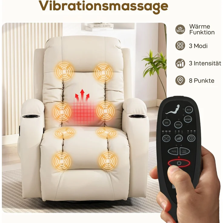 MELAYR, Massagesessel mit Wipp-, Liege- & Wärmefunktion, 3 Modi, drehbar, Cremeweiß, 99 x 82 x 103 cm – Bild 6
