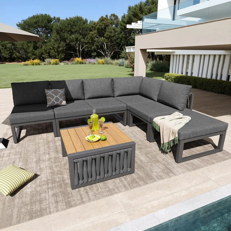 Merax Gartenlounge-Set, 6-Sitzer Gartenmöbel Set, Garten Loungesessel für 6 Personen, Doppelliege für den Außenbereich, Verstellbarer Rückenlehnenwinkel, Grau – Bild 2