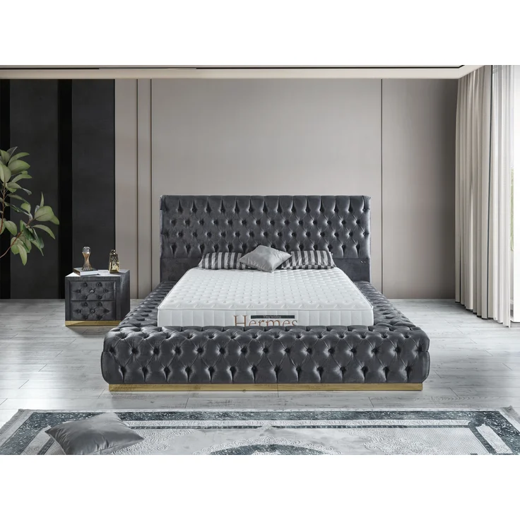 Schlafzimmer-Set "Liora" – Bett mit Bettkasten und Matratze, Nachttisch, Kommode-Anthrazit – Bild 1