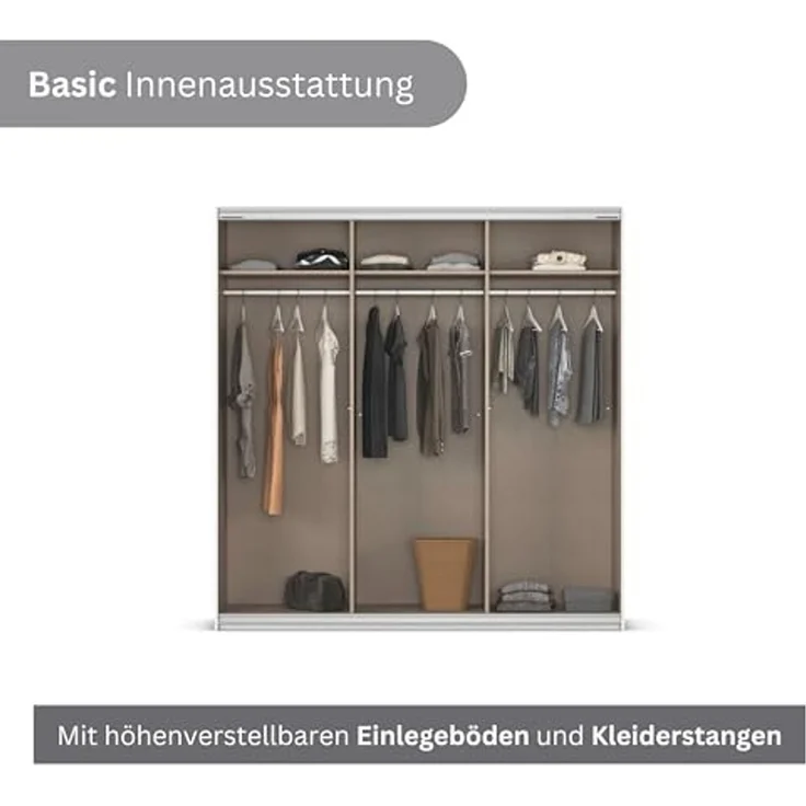Rauch Möbel Kulmbach, Kleiderschrank mit Schwebetüren für Schlafzimmer, Kinderzimmer, Jugendzimmer, Garderobe, Flur, 3-türig, mit Spiegel, Zubehör Basic, Farbe Beige, Breite 203 cm – Bild 7