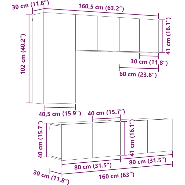 vidaXL TV-Wandmöbel Wandmontiert 5 pcs Altholz Holzwerkstoff 3402770 – Bild 10