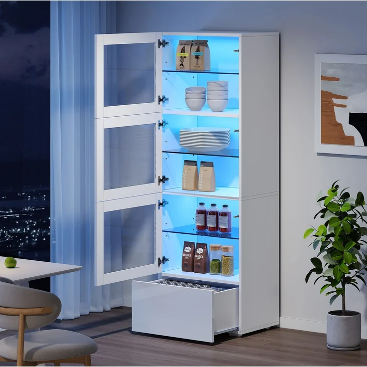 DESVIAE Vitrine mit LED-Beleuchtung 60x173x40 cm MDF, Glas und Acryl weiß – Bild 1