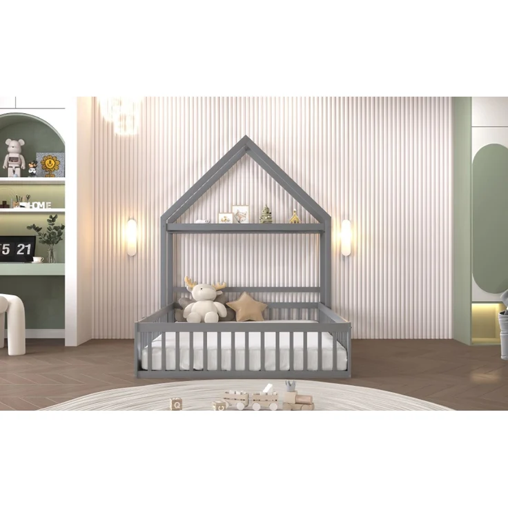 Kinderbett 140 x 200, Kinderbettgestell aus Massivholz mit Stauraum, Vollschutzgitter und Türen und Lattenrost, Grau – Bild 9