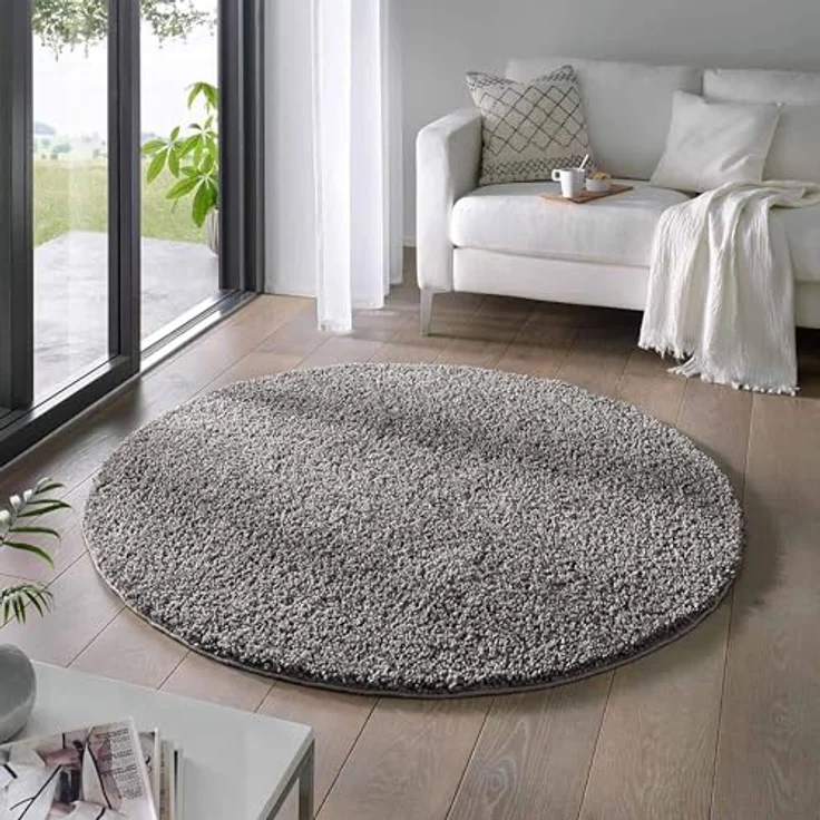 TaraCarpet Langflor-Teppich Venezia Shaggy, rund, Höhe: 35 mm, Hochflor Shaggy Uni Anthrazit Wohnzimmer Schlafzimmer 080x080 cm – Bild 1