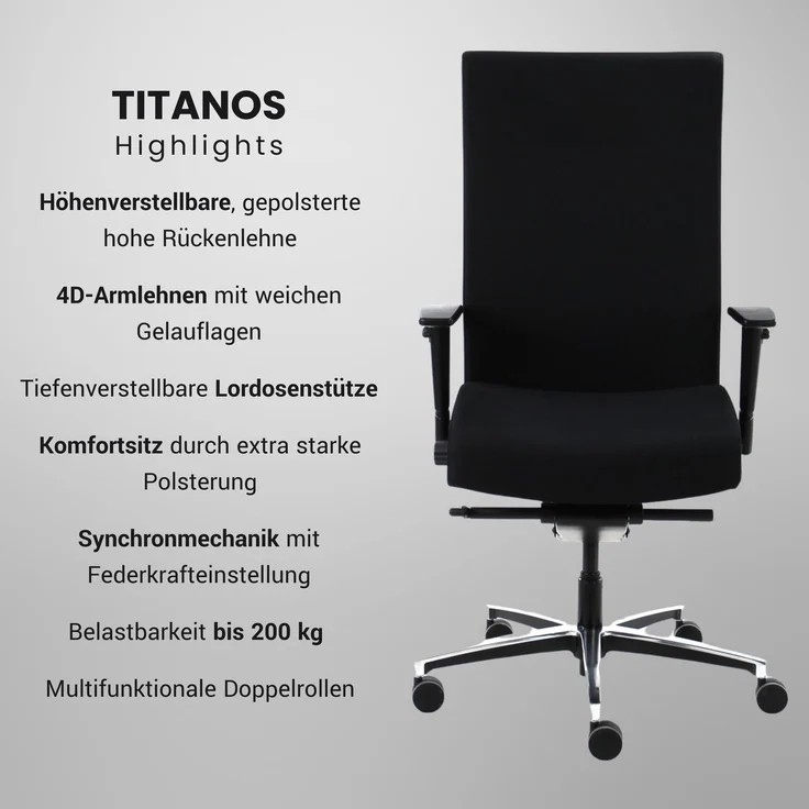 Bisley Titanos Schwerlast Chefsessel Bürostuhl 200kg Belastbarkeit in schwarz - PC Stuhl mit Armlehne, Lordosenstütze, Drehstuhl mit Rollen für Schreibtisch, Office & Gaming - Ergonomisch XXL, Titanos-733 – Bild 2
