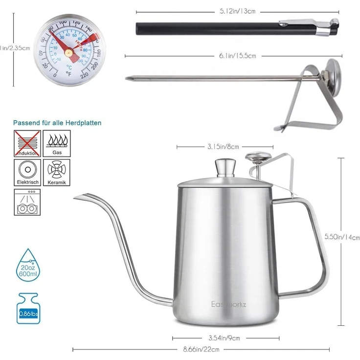 Gooseneck Pour Over Kaffeekessel mit Thermometer Edelstahl 304 600ml – Bild 2