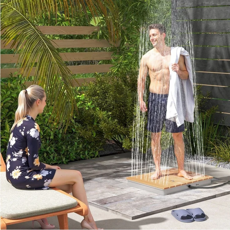 Outsunny Gartendusche mit einstellbar Fußrad, bis 4 m Fontänenhöhe (Aussendusche, 1 St, Bodendusche aus Aluminium), Holzoptik rutschfeste Wetterfest Outdoor Campingdusche für Pool Sauna – Bild 1