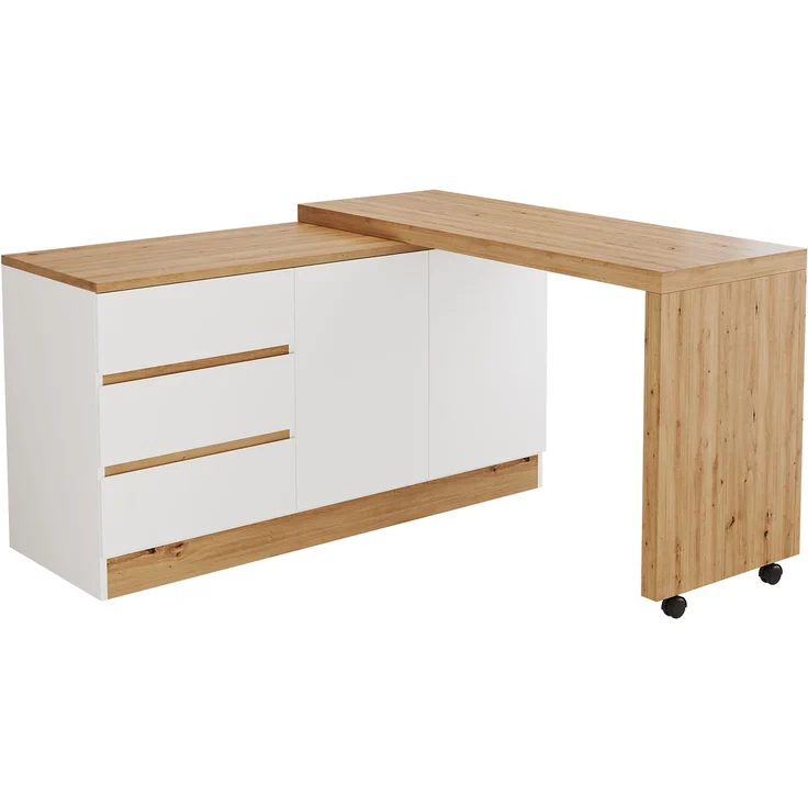 ZUBALIYA Schreibtisch mit feststellbaren Rollen – multifunktionales Design, 4 cm dickere, drehbare Tischplatte, fest arretierbar, weiß/Eiche, Faltbarer Schreibtisch, Eckschreibtisch, Sideboard,Dicke Materialie – Bild 11