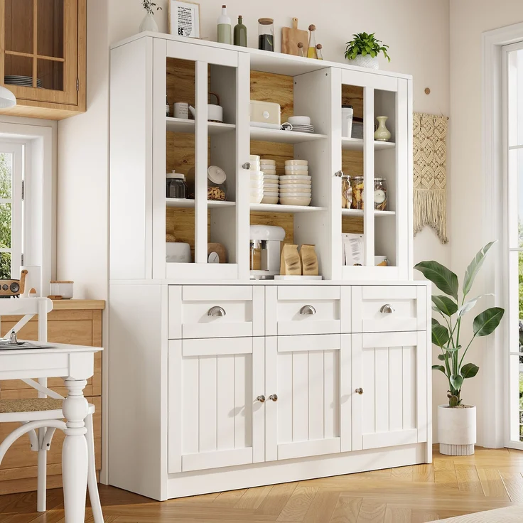 Hochschränke fürs Wohnzimmer(140×38.5×175cm), Vitrinenschrank,Küchenschrank,Esszimmerschrank mit Schubladen, Moderner Minimalistischer Hochschrank, Standvitrine für Küche Wohnzimmer Esszimmer, Weiß--Weiß--140x38.5x175cm--YOUDENOVA – Bild 1