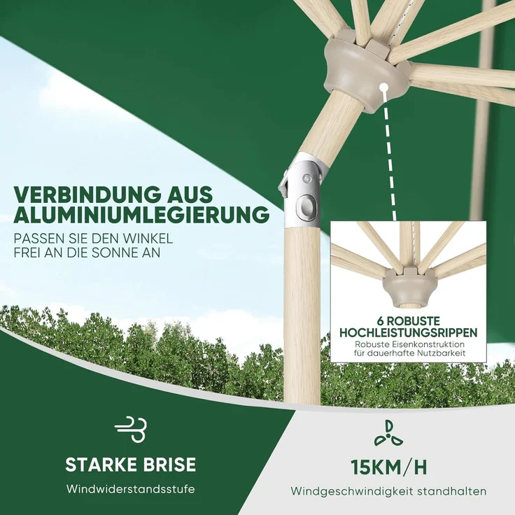 Sekey Sonnenschirm mit Kurbel und UV50+, knickbar, Aluminium grün / natur, 210 x 140 cm – Bild 5