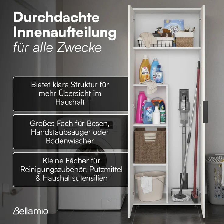Bellamio 'Lurio' Mehrzweckschrank, weiß mit schwarzem Griff, 176x33x60 cm, Besenschrank mit Staubsaugerfach – Bild 3