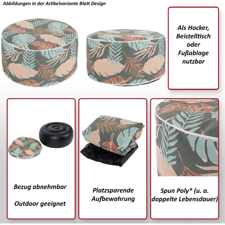 Sitzhocker HWC-G31, Pouf Sitzkissen Sitzsack Gartenhocker, aufblasbar In-/Outdoor Spun Poly 29x55cm ~ Blatt-Design – Bild 2