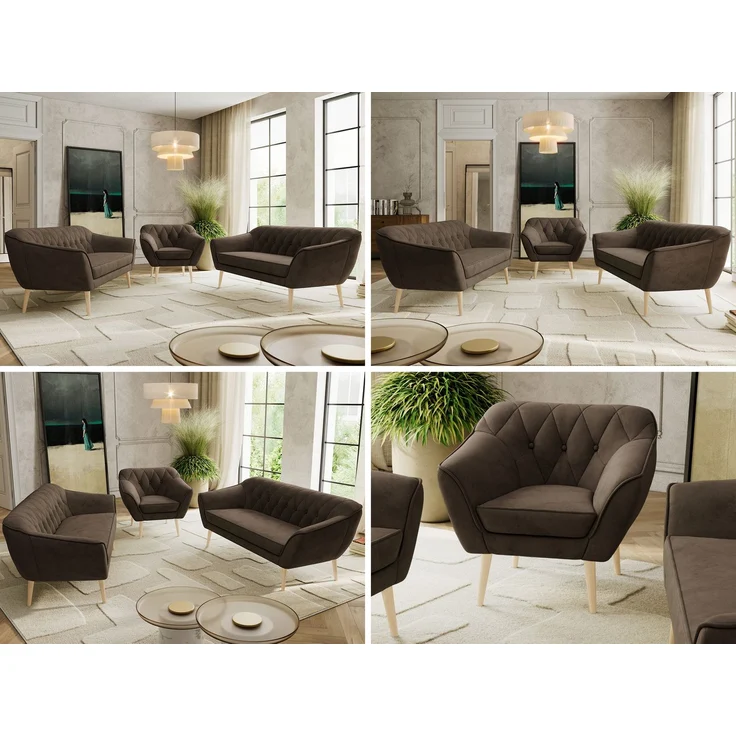 Wohnzimmerset, Möbelset PIRS 3-3-1, Armlehnen, Wellenfederung, Buche Füße, Dreisitzer Sofas mit Sessel, Polstermöbel Set - Braun Velvet – Bild 2