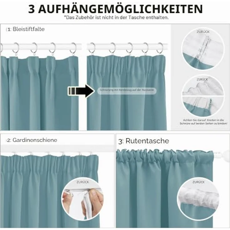 Deconovo Gardinen Kräuselband für Schienensystem Thermovorhang Himmelblau | 2er Set, H 138 x B 117 cm, Verdunklungsgardine, Kinderzimmer Vorhänge, Vorhänge Kurz, Blackout Curtain, Schallschutz Vorhang – Bild 3