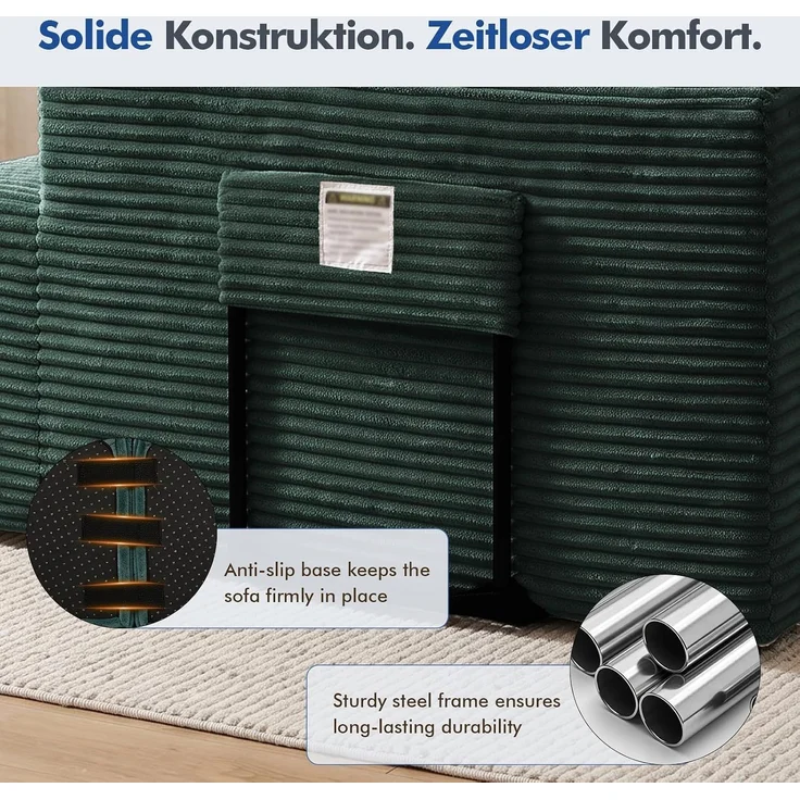 COMHOMA Ecksofa mit Schlaffunktion, 228cm Corduroy Modulares Boneless Couch mit Chaiselongue & Rücken-Metallgestell, L-Form Schlafsofa mit offenem Design, Kissen & Seitentaschen,für Wohnzimmer, Grün-L – Bild 5