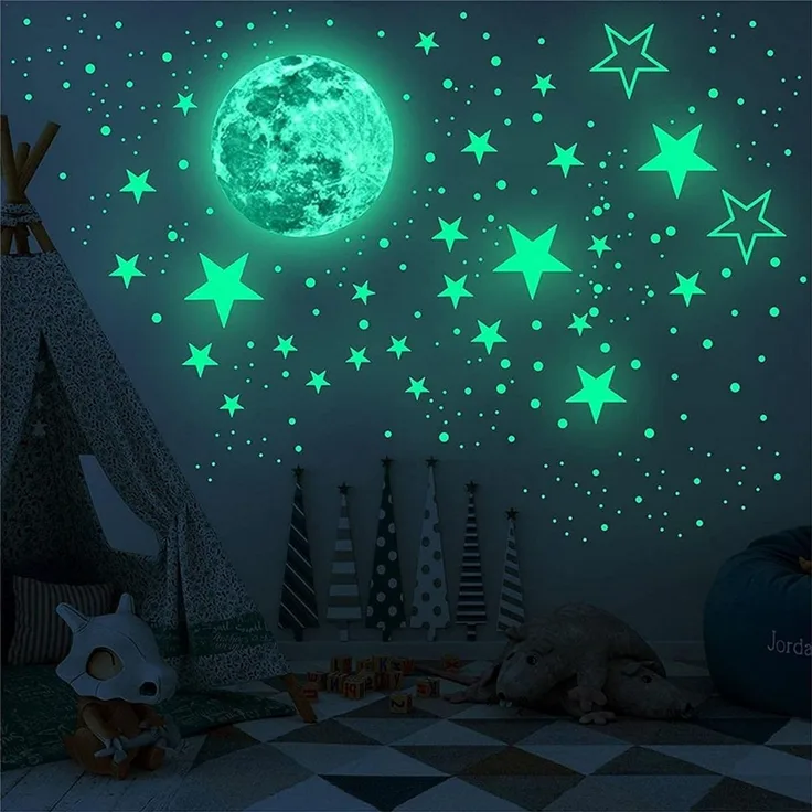 MOPUEA Wandsticker Glühende Wandaufkleber 437 Stück mit leuchtenden Sternen (Wandaufkleber Set leuchtende Sterne Mond Nacht Himmel, Set mit Mond Sternen und leuchtenden Punkten für Wanddeko), Leuchtet im Dunkeln selbstklebend einfach anzubringen