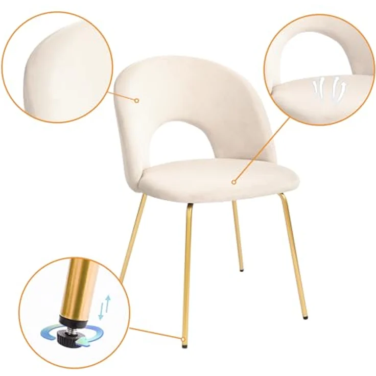 CangLong 2 Schminktischstühle, moderner gepolsterter Sessel für Küche, Esszimmer und Wohnzimmer, Samtstühle mit goldfarbenen Metallbeinen, Beige – Bild 6