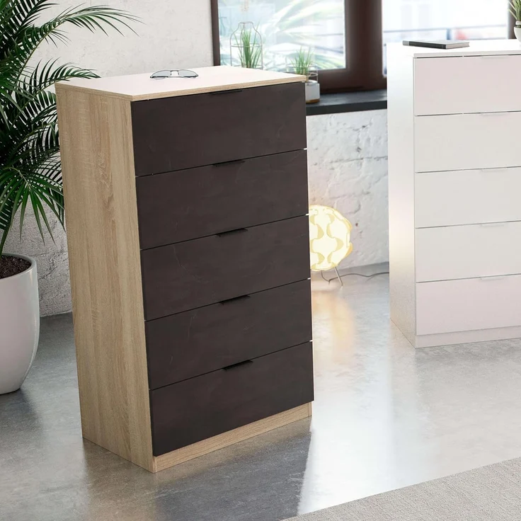 Habitdesign, Kommode mit 5 Schubladen – moderner Sinfonier in Eiche & Rostoptik, platzsparender Schubladenschrank für Schlafzimmer oder Büro, Maße: 60 x 110 x 40 cm (B x H x T), Modell Alaya – Bild 8