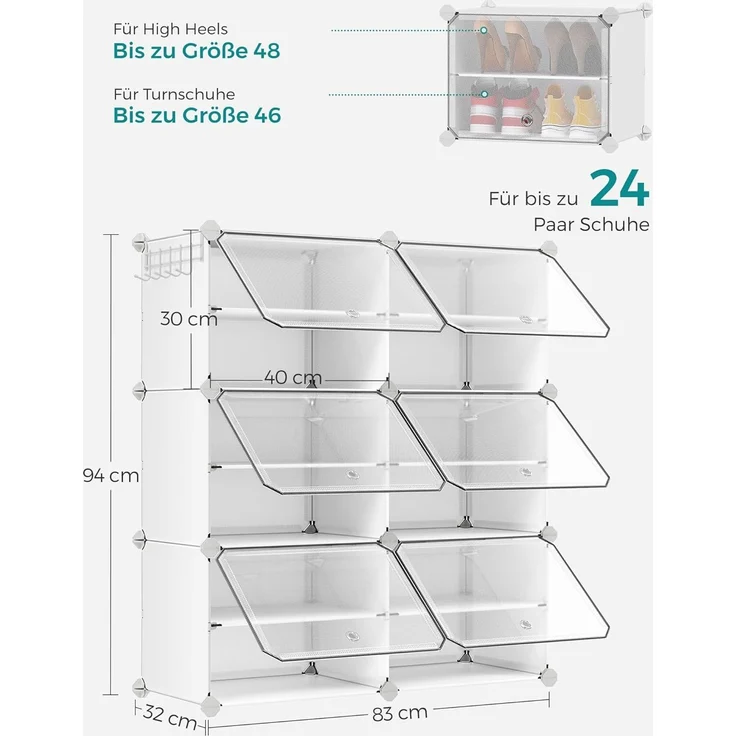 Songmics Schuhschrank mit 6 Fächern, Stahlrahmen / Kunststoff weiß, 83 x 32 x 94 (BxTxH) cm – Bild 3