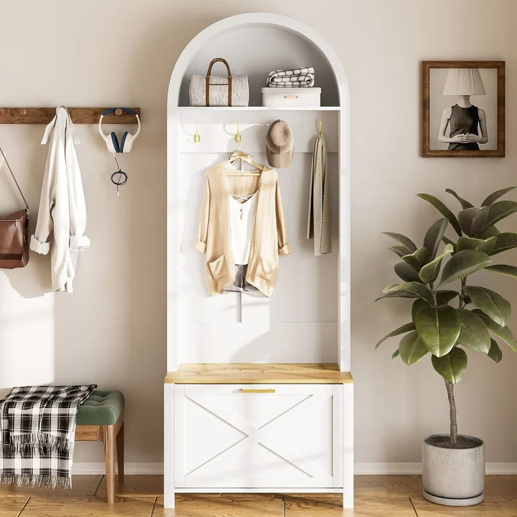 Multifunktionaler Garderobenschrank mit Schuhregal, Ablage & Haken – Hall Tree für Eingangsbereich, langlebiger MDF Korpus, modernes Design, stabile Eisenfüße, praktische Aufbewahrung – Bild 2