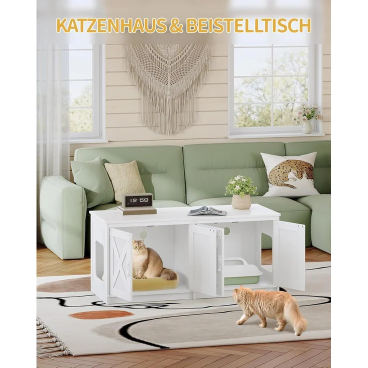 Katzenschrank, Katzenklo Schrank für 2 Katzen, Versteckter Katzentoilettenschrank, Katzenhaus für den Innenbereich, Bauernhausstil, 119 x 48 x 53,5 cm, Weiß – Bild 6