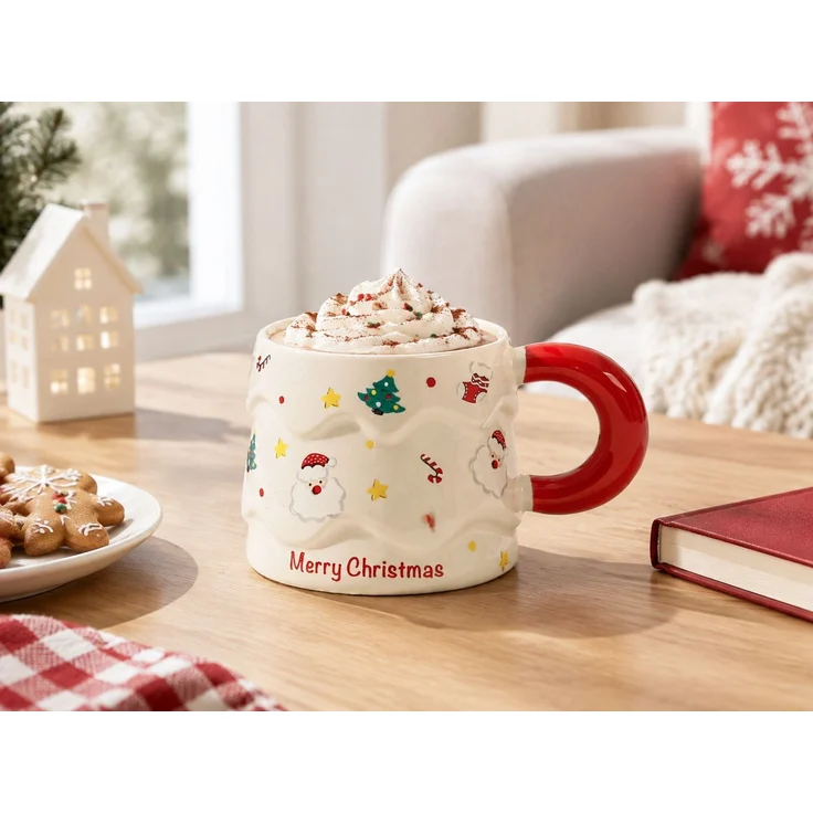 Weihnachts-Keramikbecher mit Deckel und Löffel Kaffeetasse Rot 16 x 12 x 14 cm – Bild 2