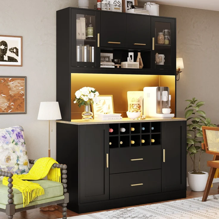 EINHOM Seitenschrank, Aufbewahrungsschrank, Küchenschrank, Anrichte, 120 x 36, 3 x 180 cm, mit LED-Beleuchtung und Steckdose, Sechs Türen, Zwei große Schubladen, Schwarz/weiß, Schwarz – Bild 4