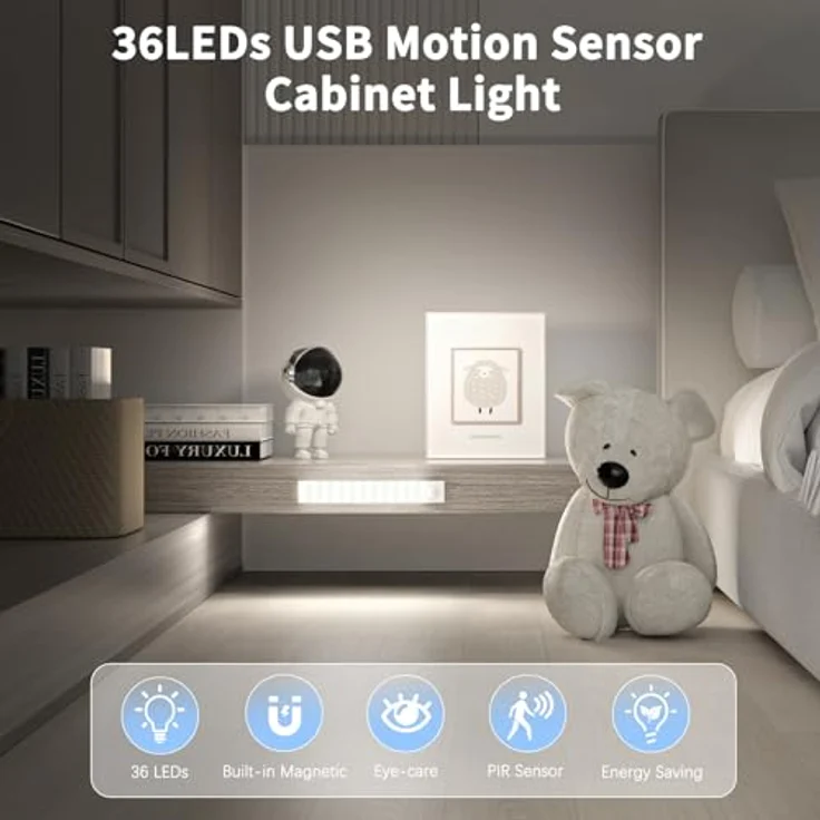OUILA Schrankbeleuchtung LED mit Bewegungsmelder 2 Stück Schranklicht Schrankleuchte Led Leiste Batterie USB Wiederaufladbar Unterbauleuchte Küche für Kleiderschrank, Treppe, Kofferraum, RV – Bild 3