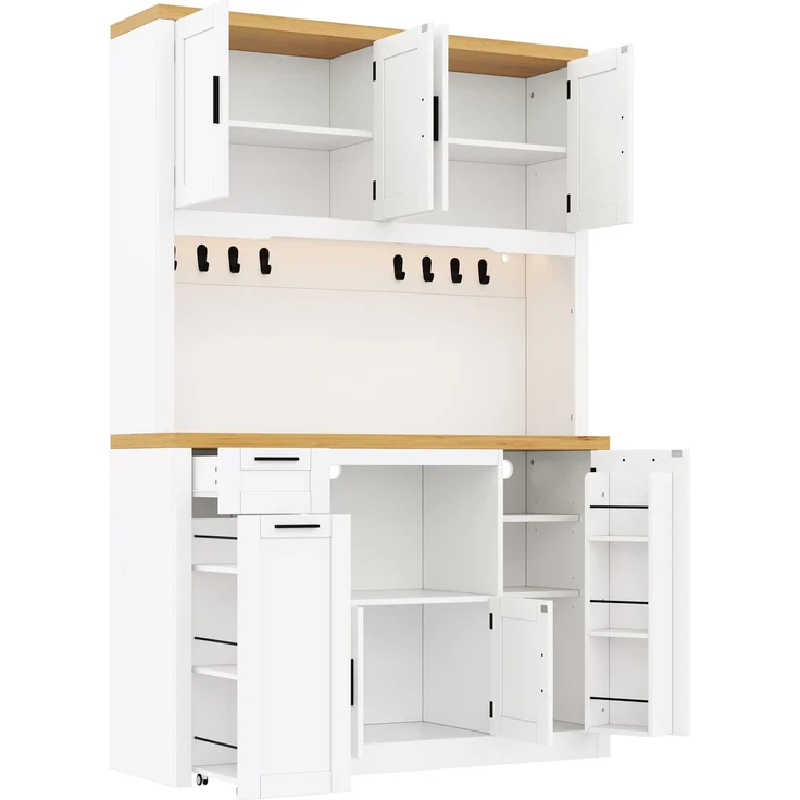Abrihome Küchenschrank Hochschrank mit LED, Steckdosen, Vitrine, 3 Schubladen, Weiß, 120x40x182 cm – Bild 9