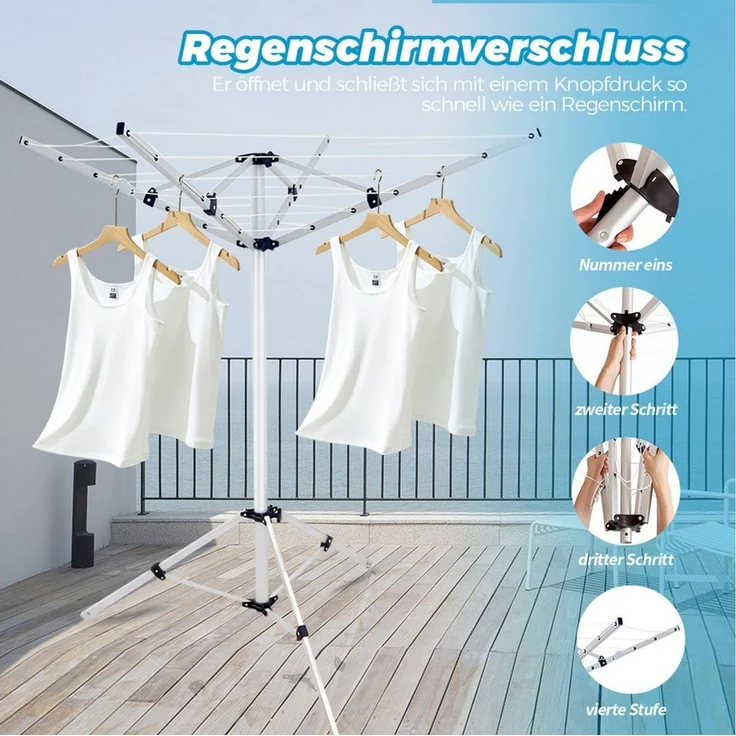 PFCTART Kleiderständer Faltbare Wäschespinne mit 15 m Leinenlänge, (Set, 1 St, Für Camping, Balkon & Garten – wäscheständer klein, ausziehbar), Leichtes Aluminium-Stativ – mobil, stabil & wäschespinne – Bild 3