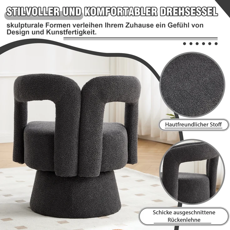 LVHOM Polsterstuhl 360° drehbar, Drehsessel Bouclé-Stoff, Loungesessel mit Armlehnen, Armlehnenstuhl Relaxsessel, Dunkelgrau – Bild 5