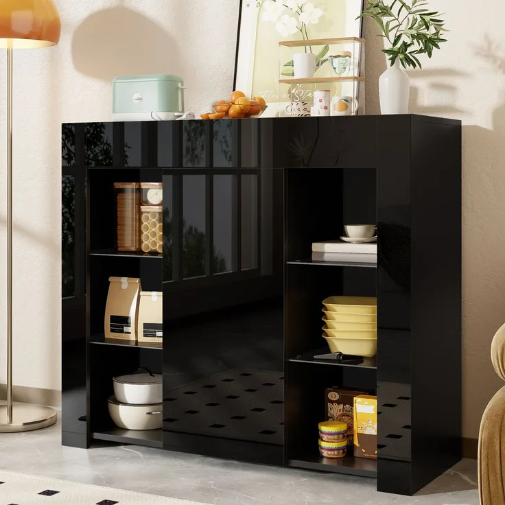 Abrihome Küchenschrank Buffet mit Glasregalen und Schranktür, Schwarz, 83x35x95 cm